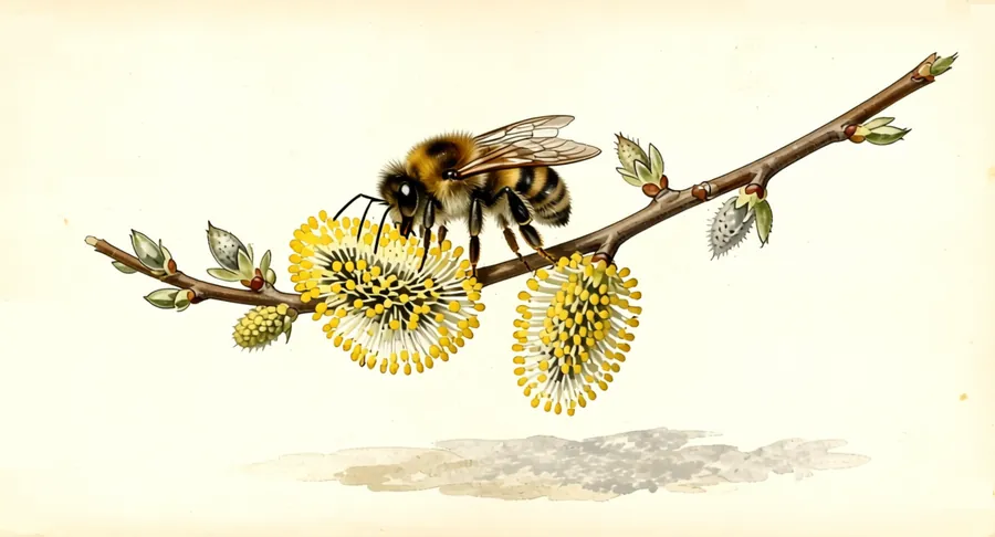 Catkins and an early bee: a painted plate of willow catkins and a bumblebee